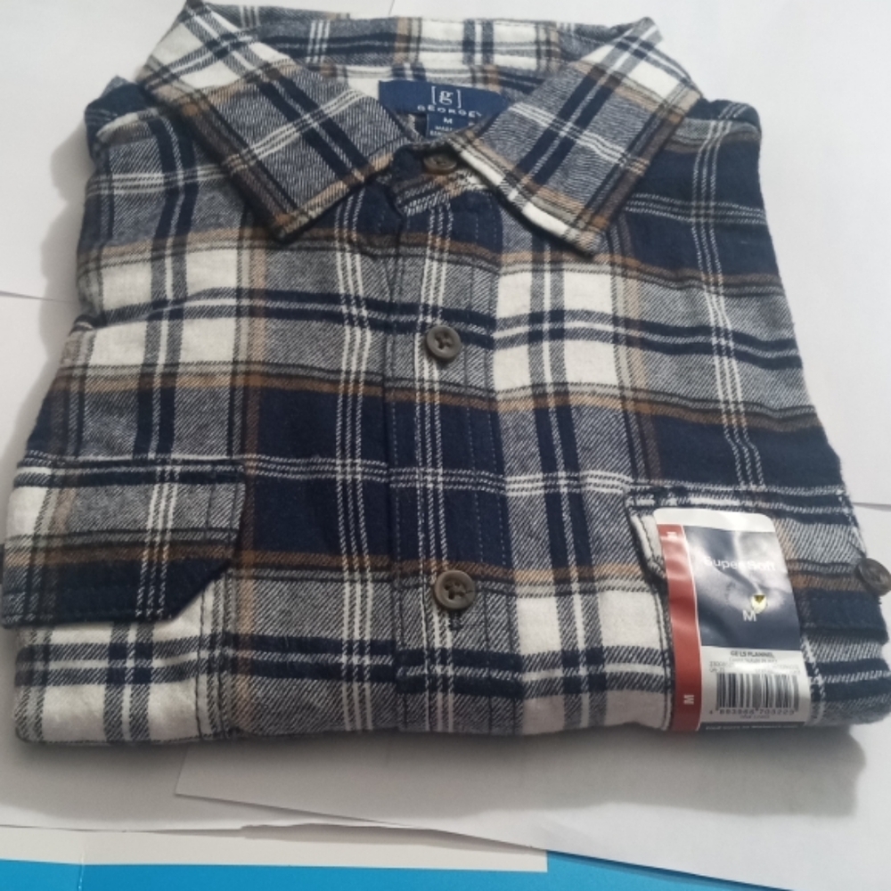 George Men's Button Down Blue Tan & Black Plaid Flannel Double Pocket Shirt-SZ:M